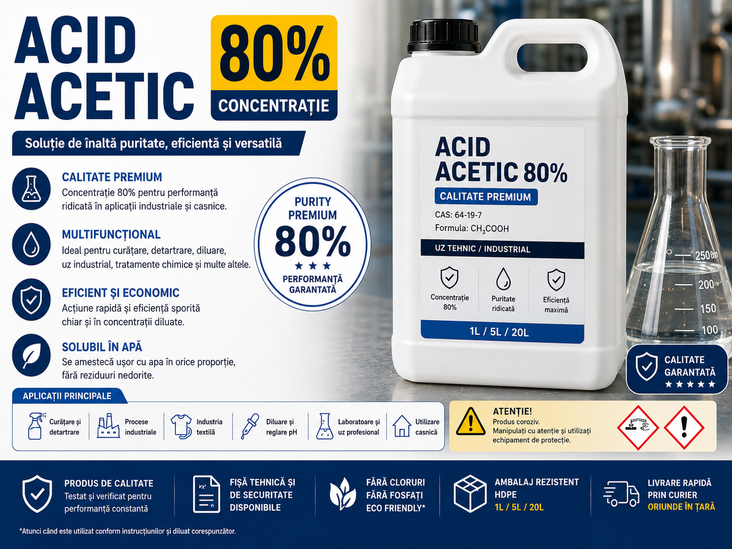 Acid Acetic – Ghid Complet pentru Curățare, Îndepărtarea Depunerilor și Aplicații Tehnice
