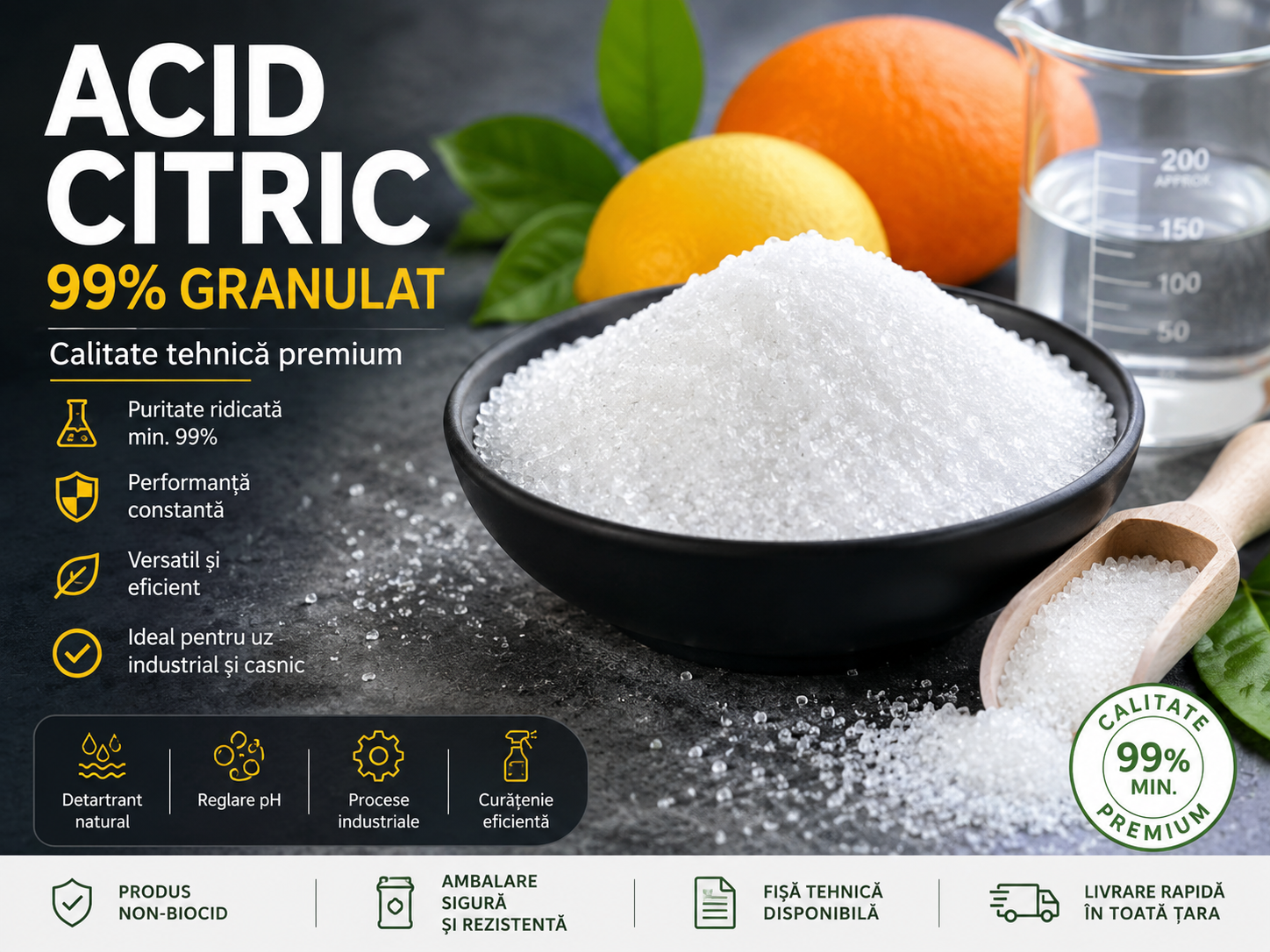 Acid Citric 99% Granulat – Ghid Complet de Utilizare, Beneficii și Aplicații în Casă, Curățare și Industrie