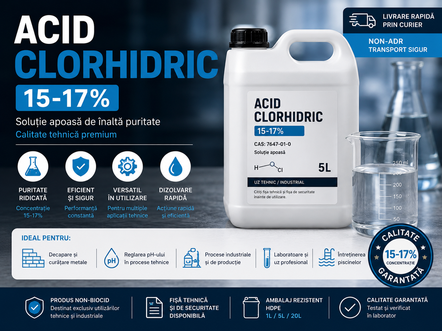 Acid Clorhidric 15–17% – Ghid Complet de Utilizare pentru Curățare, Îndepărtarea Calcarului și Depunerilor Persistente