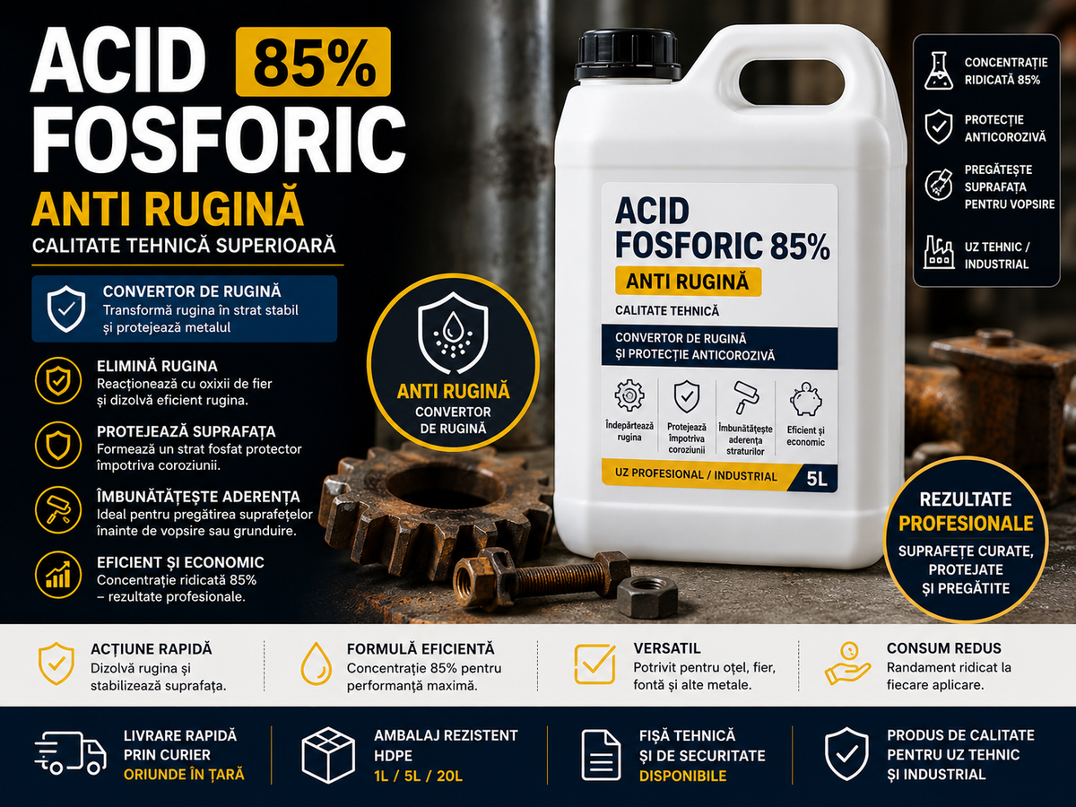 Acid Fosforic 85% – Ghid Complet de Utilizare pentru Curățare, Îndepărtarea Ruginii și Aplicații Tehnice