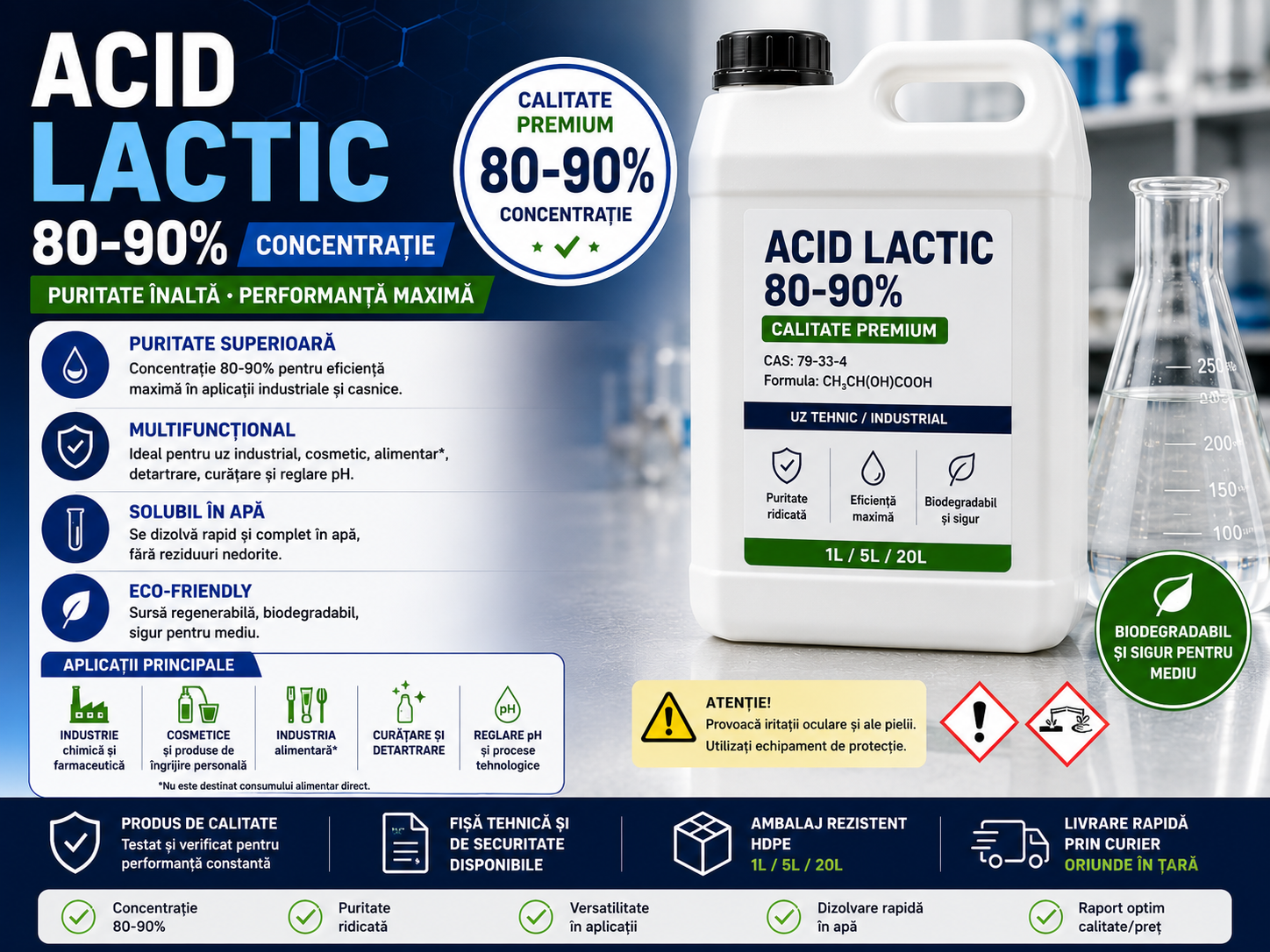 Acid Lactic 80–90% – Ghid Complet pentru Curățare, Detartrare și Aplicații Tehnice