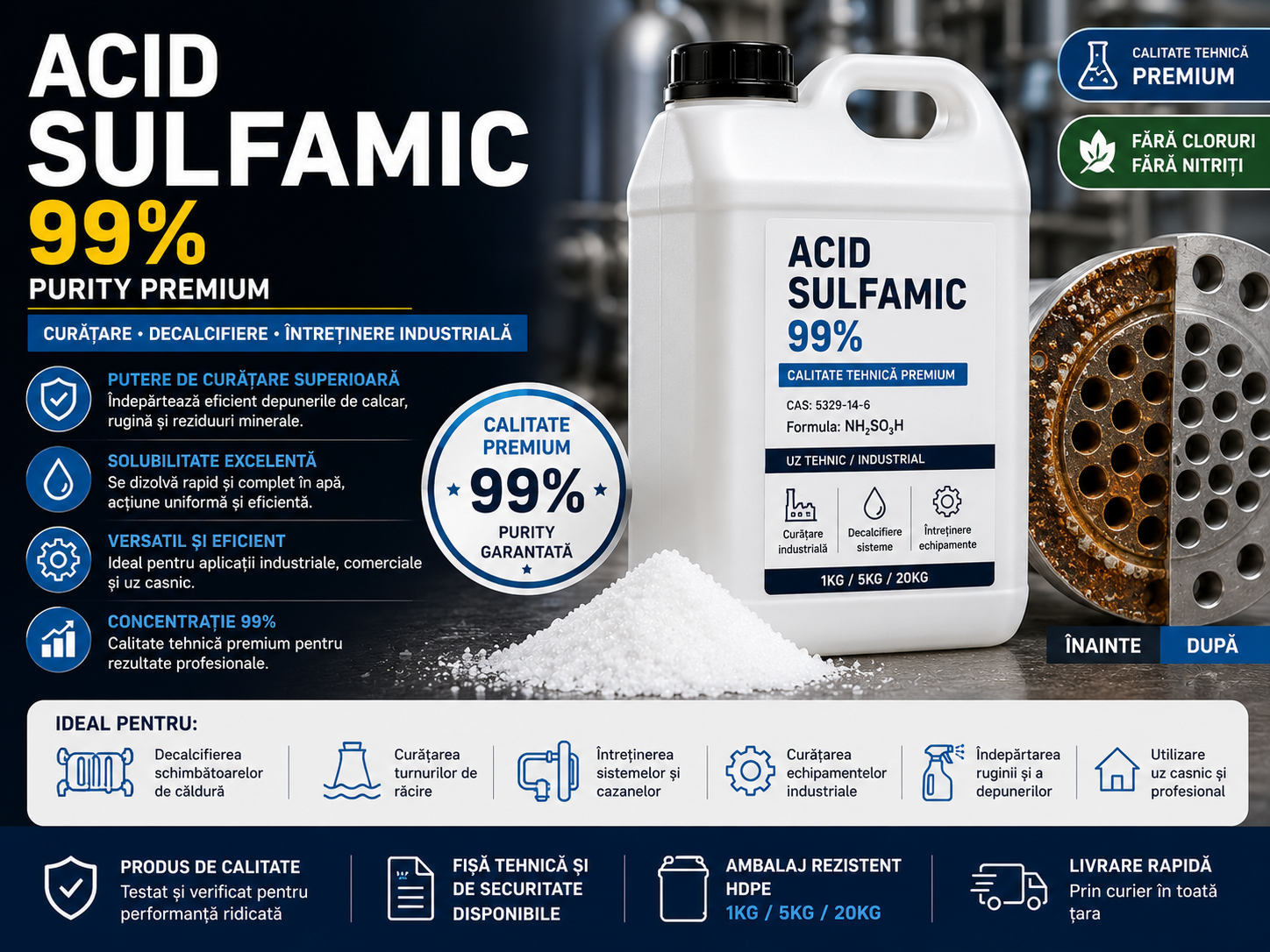Acid Sulfamic 99% – Ghid Complet pentru Detartrare, Curățare și Îndepărtarea Depunerilor de Calcar