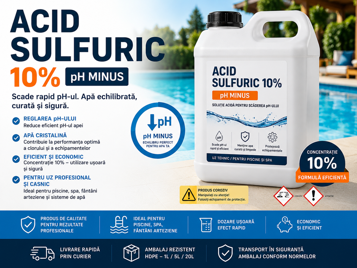 Acid Sulfuric 10% pentru Piscine – Cum Reglezi Corect pH-ul Apei și De Ce Este Important