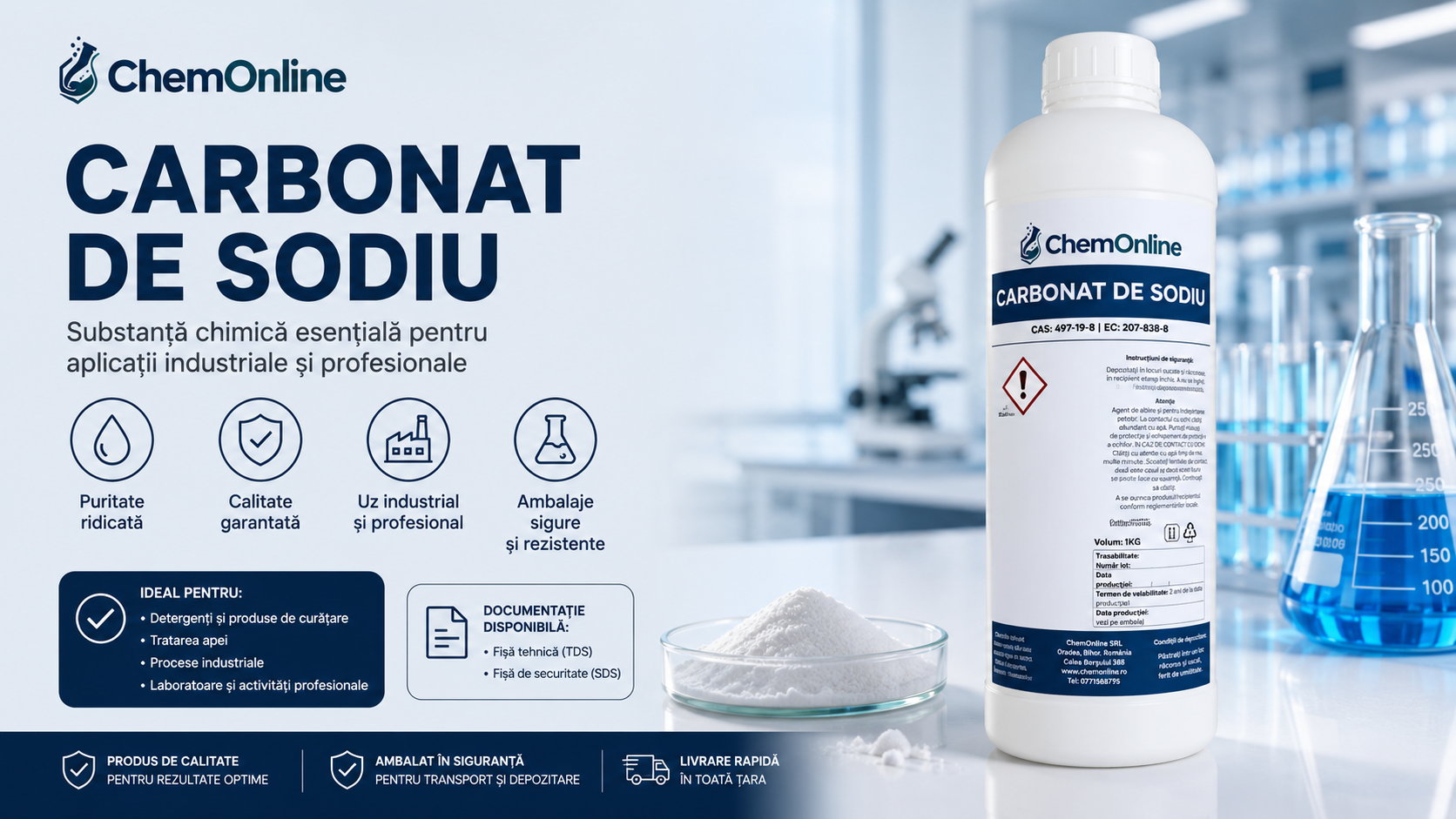 Carbonat de Sodiu 99% – Ghid Complet despre Proprietăți, Utilizări, Avantaje și Manipulare Corectă