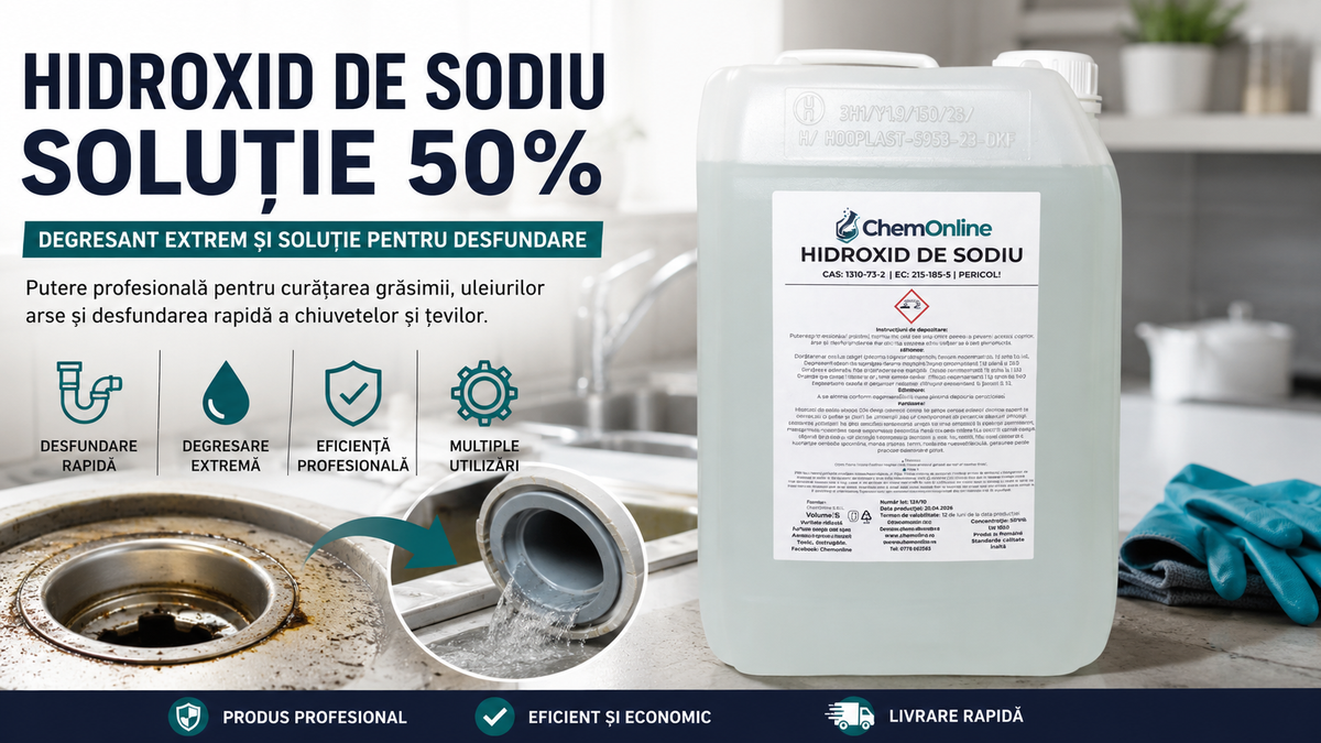 Hidroxid de Sodiu Soluție 50% – Degresant Extrem și Soluție Puternică pentru Desfundarea Chiuvetelor
