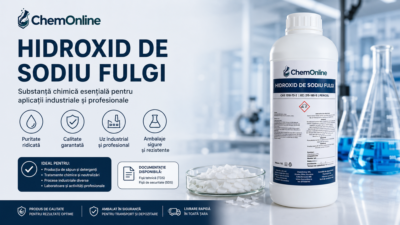 Hidroxid de Potasiu Fulgi 99% – Ghid Complet despre Proprietăți, Utilizări, Avantaje și Siguranță