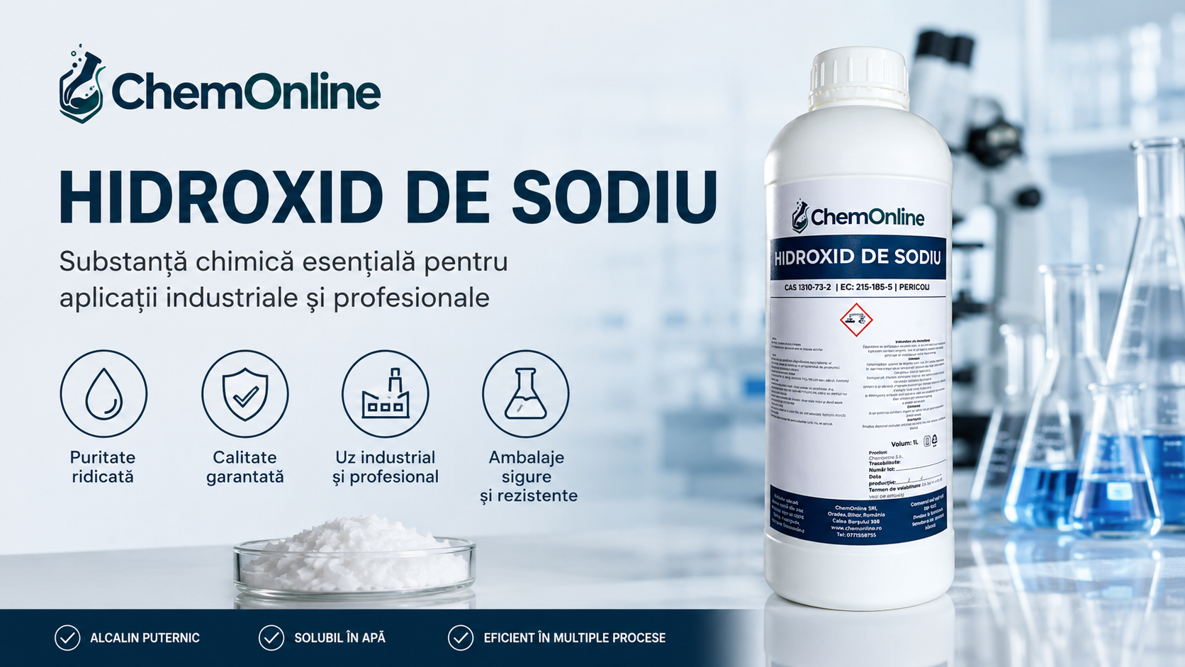 Hidroxid de Sodiu Soluție 50% – Ghid Complet de Utilizare, Proprietăți, Aplicații și Măsuri de Siguranță
